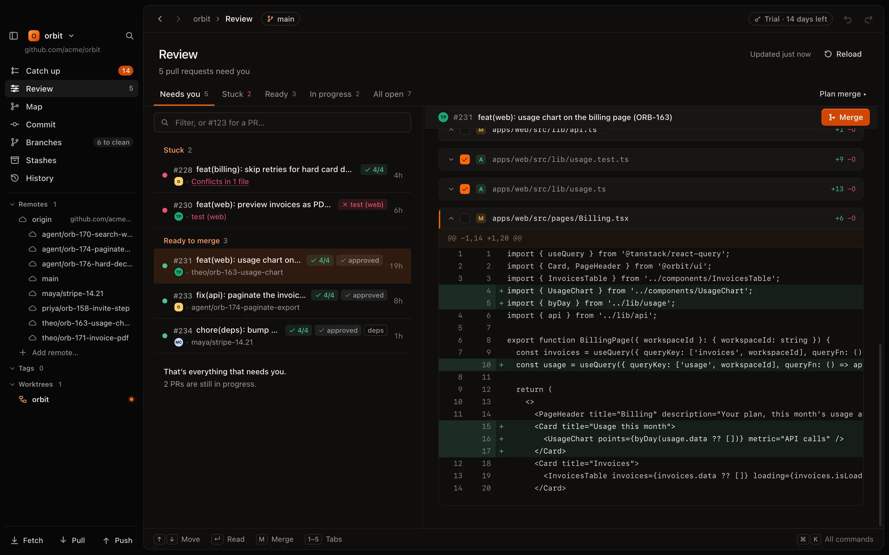 A pull request open next to the Review list: its files, some ticked as reviewed, and the diff