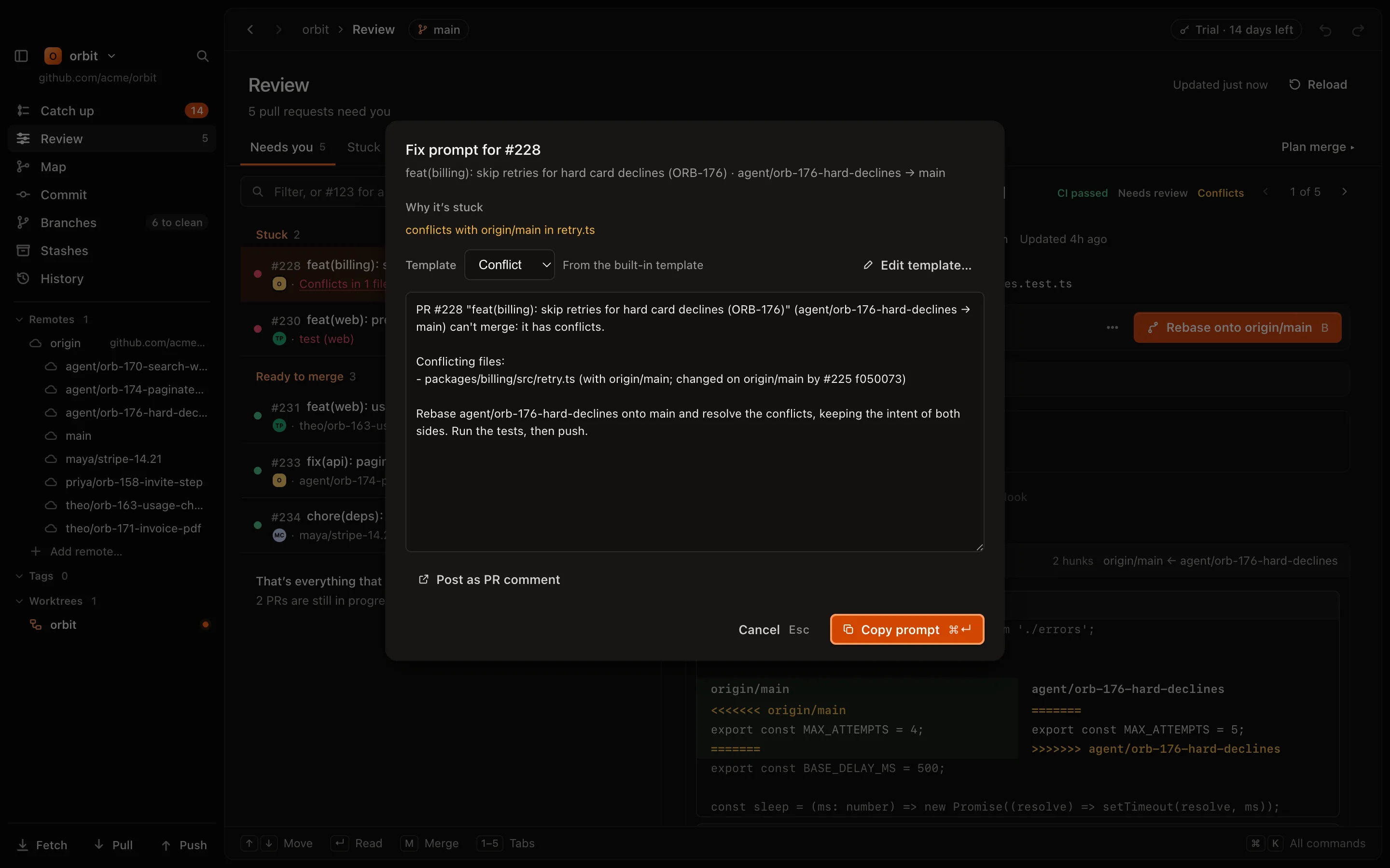 The Fix prompt sheet for a stuck pull request: why it is stuck and the prompt to copy for its agent